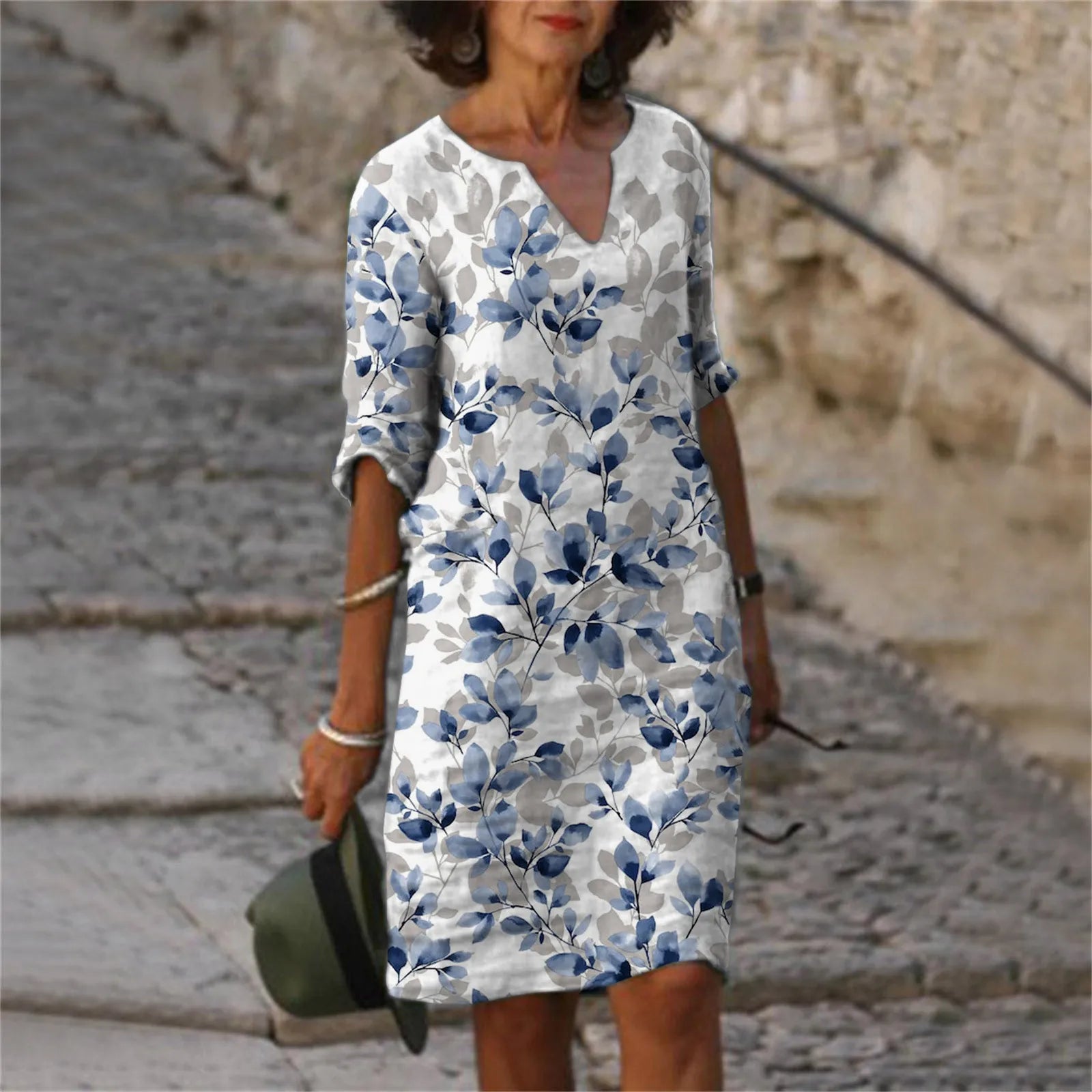 Mom Casual Dresses V Neck Elegant Retro Printed Medium Sleeved Dress Summer Fashion Streetwear Maxi Vestidos For Daily Fit