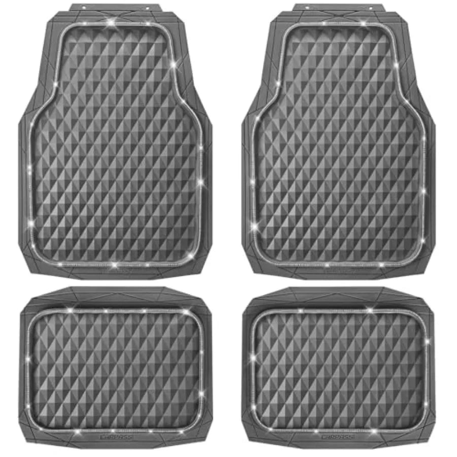 Bling Diamond Rubber Car Mats for All-Weather Use, Gray Heavy Duty Deep Dish 3D Rhombus Waterproof Anti-Slip Floor Mat Set with