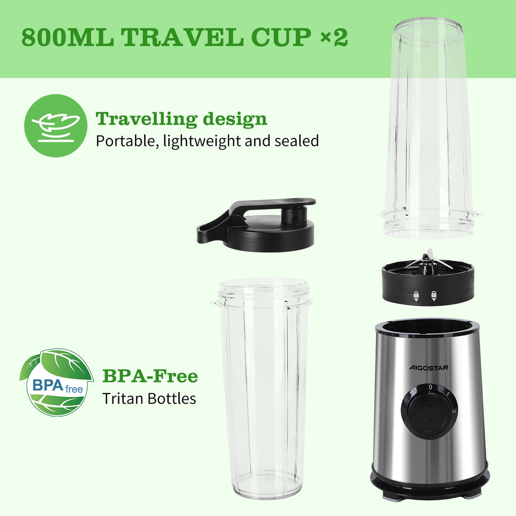 Blender, 600W, 4 Stainless Steel Blades, Includes 2 Portable 800ml Sports Bottles and 2 Lids, Black