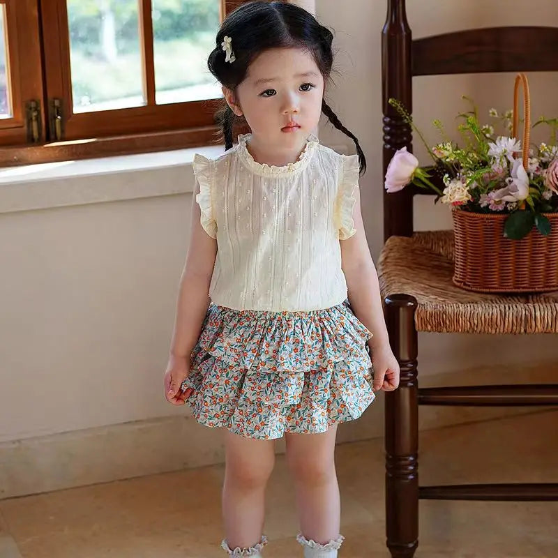 2PCS Girls' Suit Summer 2025 New Children's Summer Dress Baby Girl Fashionable Children's Top+Skirt Two-Piece Set