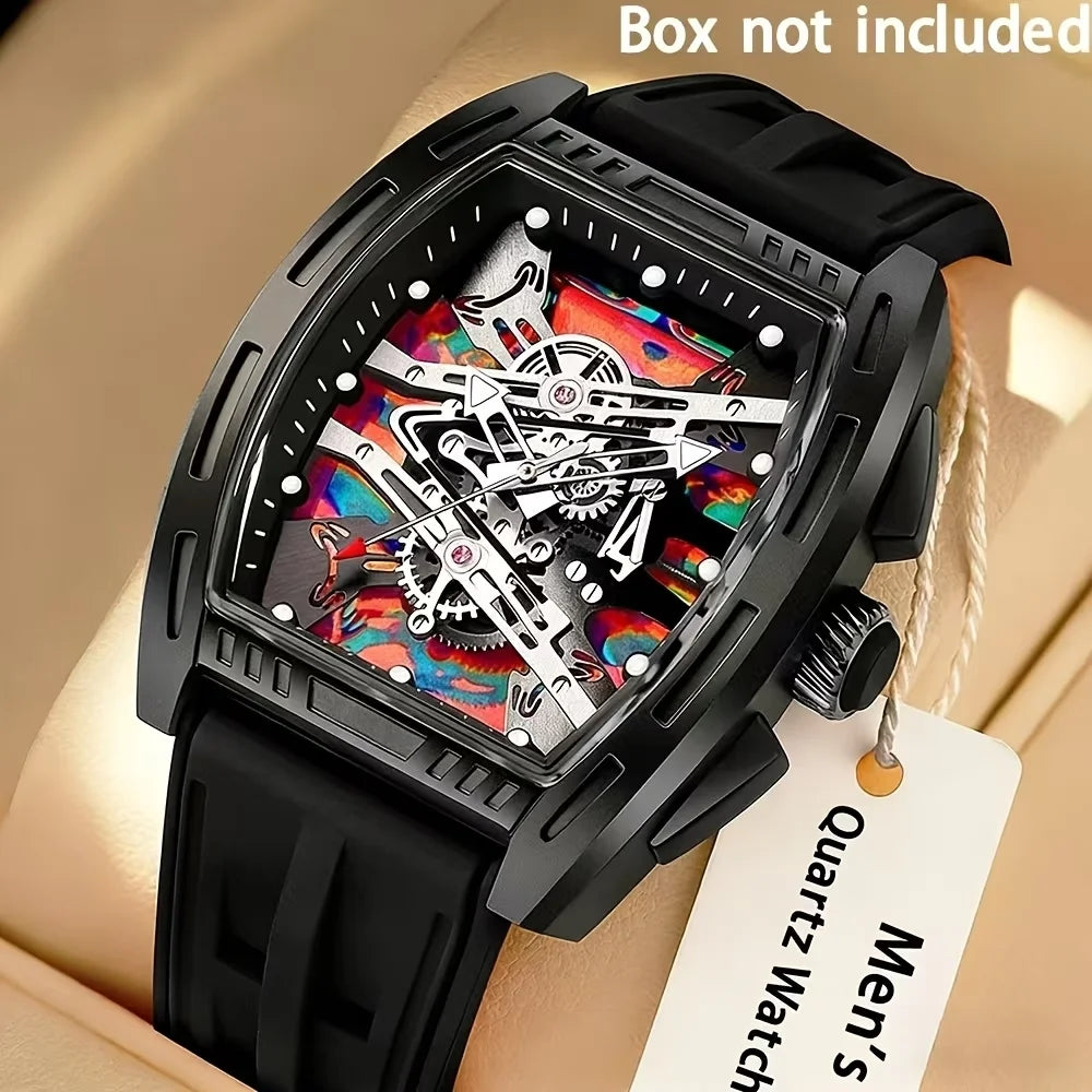 Fashion Tonneau Skeleton Dial Men Quartz Watch Casual Silicone Strap Analog Sport Wristwatches Relogio Masculino（Without Box）