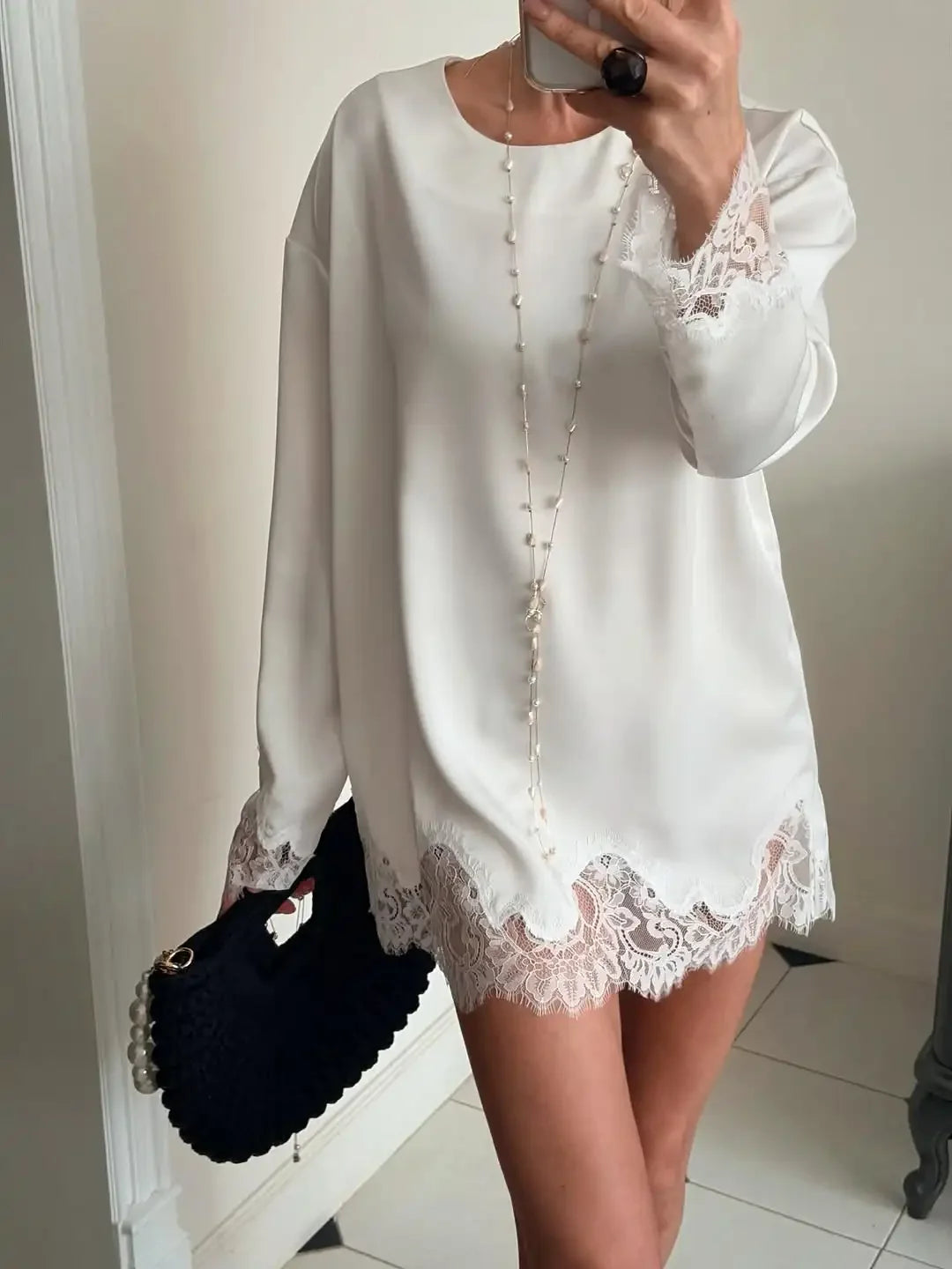 Satin Lace Patchwork Dress Women Long Sleeve O-neck Casual 2026 Spring Female Dresses Casual Solid Beach Robe not contain pearls