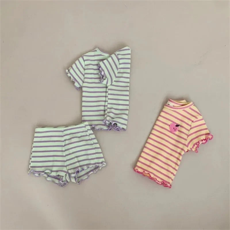 Summer New Baby Striped Short Sleeve Clothing Set Girl Ear Edge Tops + Short 2 Pieces Suit Kids Grape Pattern Clothes Items