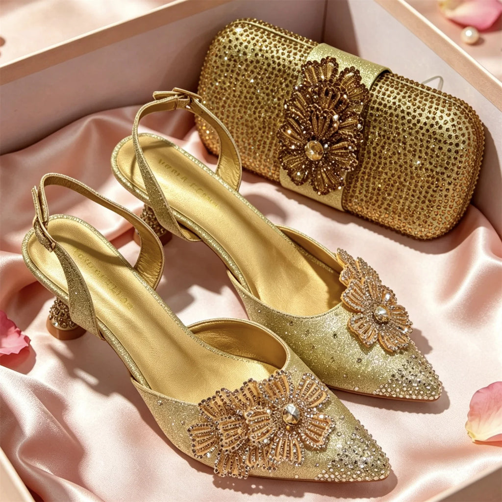 New Design Women Nigerian Italian Shoes and Bags Set Decorated with Rhinestone Women Shoes and Bags To Match Set Italy Lady