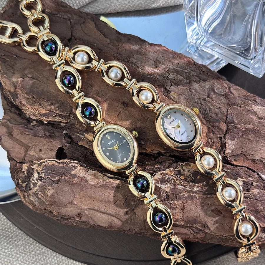New Fashion Luxury Imitation Pearl French Romantic Oval Shaped Ladies Bracelet Watch High Aesthetic Quartz Watch