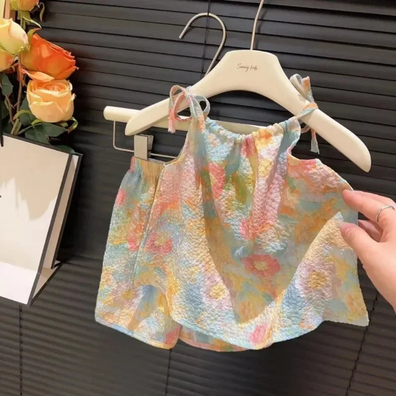2pc set Kids Girl Clothing Fashion New Baby Girl Sling Set Summer Thin Loose Children Camisole + Shorts Suit Girls Outfits