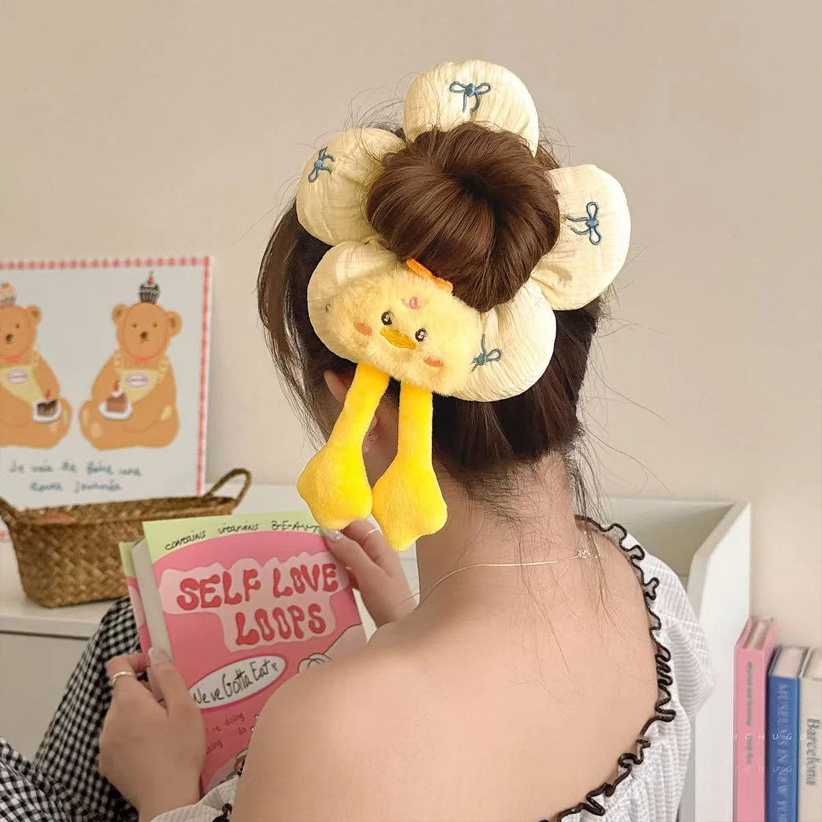 1pc cute cartoon animal  flower large intestine scrunchie, cotton three-dimensional puppy head rope little yellow duck hair rope