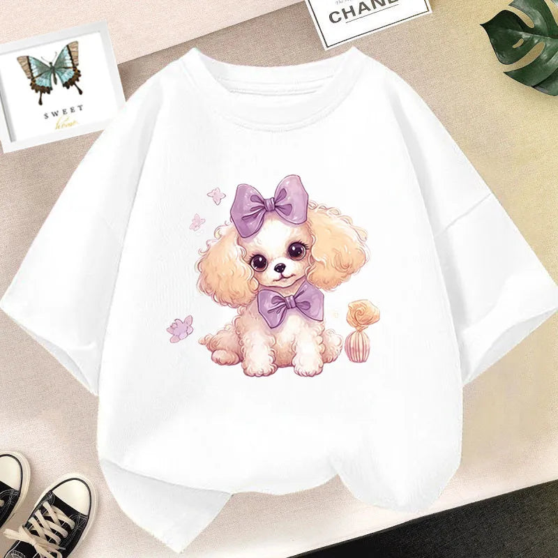 Girls Cotton Cute Cat/dog Graphic T shirt Summer Fashion Vintage Personality Kawaii Purple clothes Short Sleeve Tops