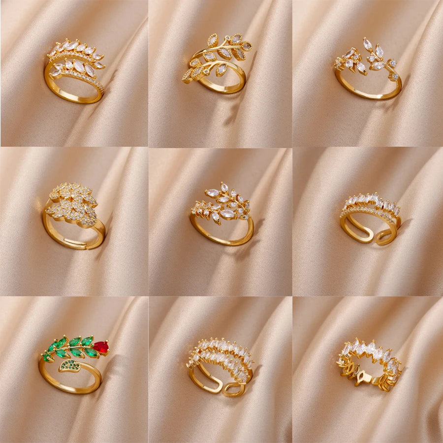 Luxury Zircon Double Layer Leaf Rings For Women Gold Color Stainless Steel Ring Boho Couple Jewelry Accesorios anillos mujer