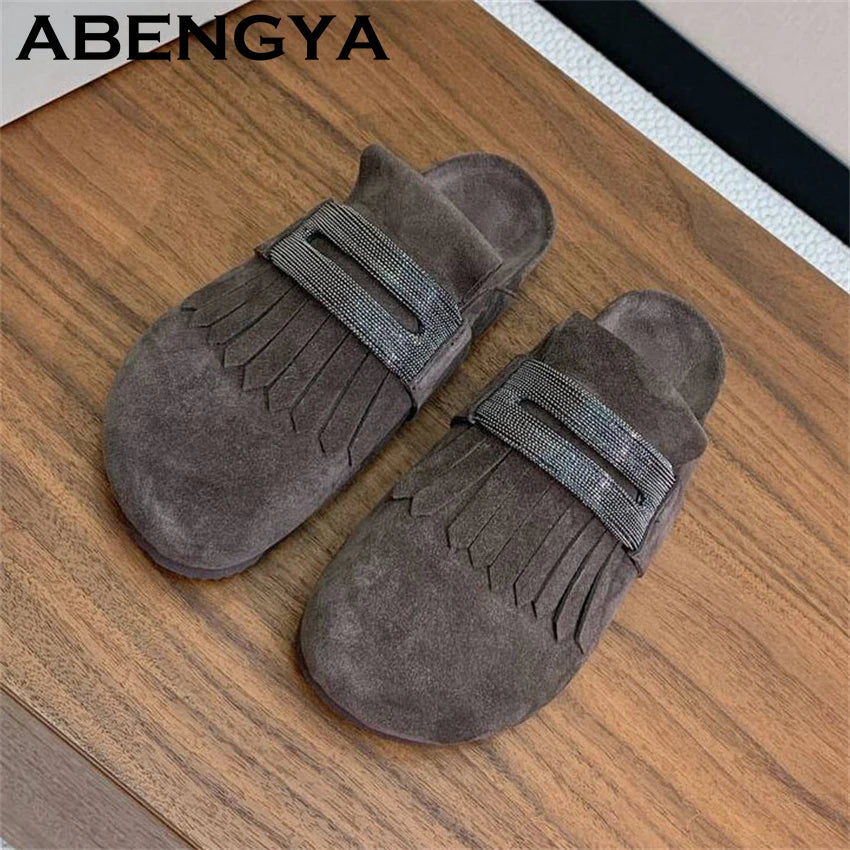 2025 Summer Round Wrap Toe Flat Half Slippers Women Suede Leather Tassels Platform Mules Ladies Outdoor Casual Beach Shoes Mujer
