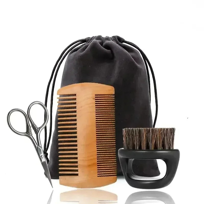 Professional Soft Boar Bristle Wood Beard Shaving Brush Men Mustache Comb Kit With Gift Bag Hairdresser Brush Hair Combs