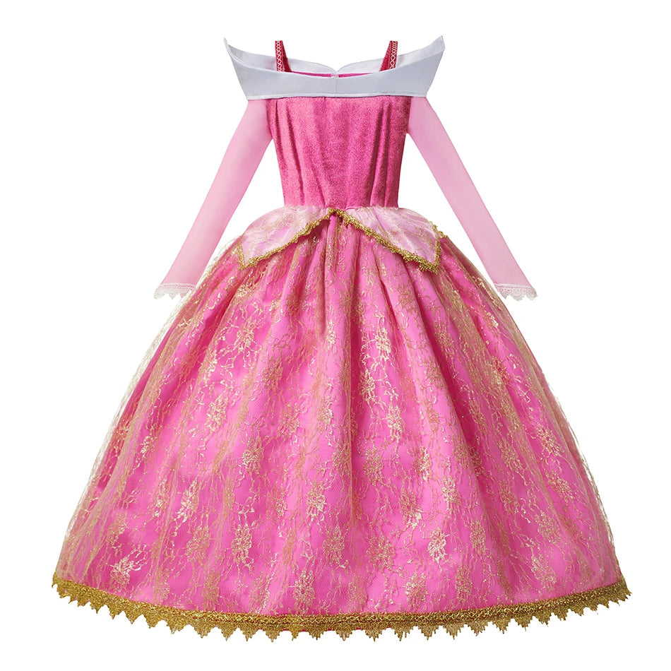 Sleeping Beauty Aurora Pink Gown Long Sleeve Princess Costume for Girls Carnival Birthday Party Cosplay Evening Dress 2-8Y