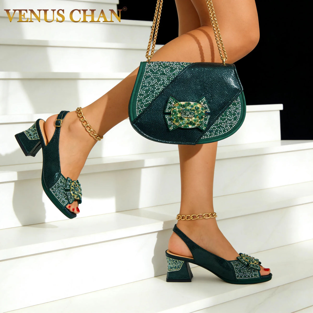 Venus Chan 2026 INS Green Elegant Women's High Heel Shoes and Rhinestone-Embellished Bag Set - Perfect for Any Occasion