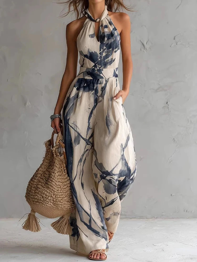 Women Summer Halter Sleeveless Jumpsuit Print Patchwork Wide Leg Pants Playsuit Hollow Out Backless Lace-Up Bodysuit Streetwear