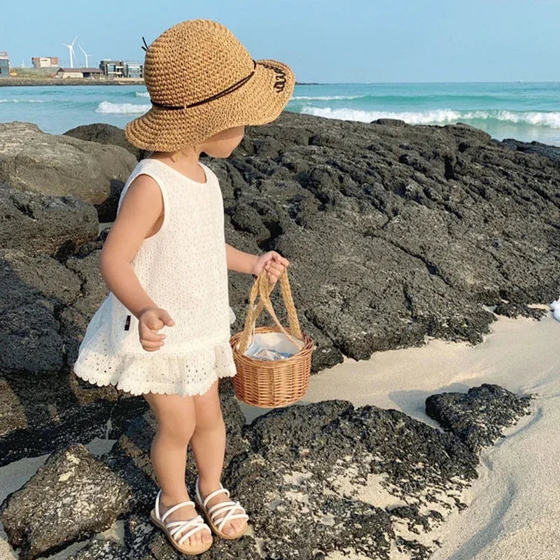 2PCS Kids Sets Summer Girl Clothes Children Hollow Lace Sleeveless Tops Shorts Set Fashion Baby Girl Cardigan Fake Two Suit