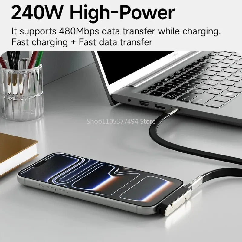 240W 2-in-1 Black/Orange Fast Charging Foldable Bracket Data Cable Type-C to Type-C Data Wire with Phone Tablet Stand