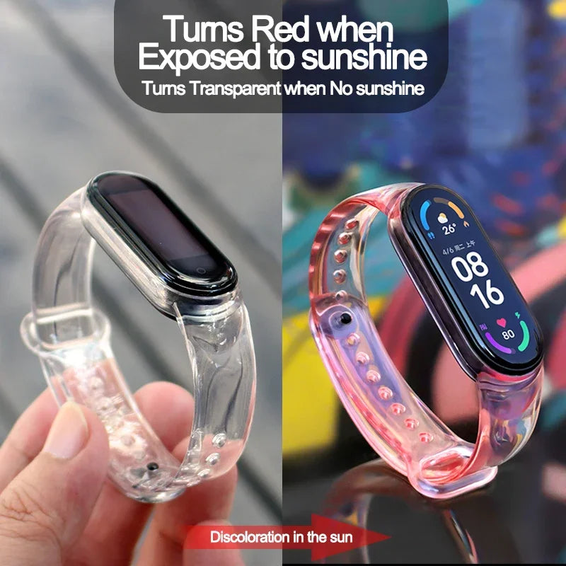 Discoloration Strap For Xiaomi Mi Band 7 6 5 4 3 Silicone Transparent Color Chang Watchband For Miband6 7 5 4 Bracelet Wristband