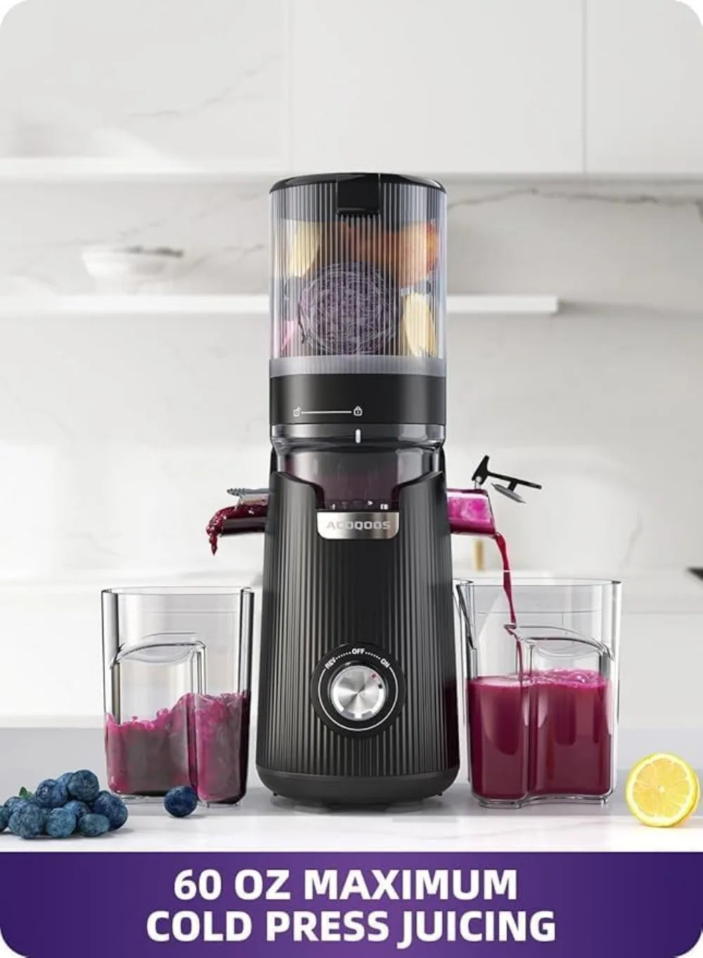 5.3" Wide Chute Masticating Juicer, 300W Slow Juicer for Whole Fruits & Veggies, High Yield 99%, Easy Clean, BPA-Free, Auto-Feed