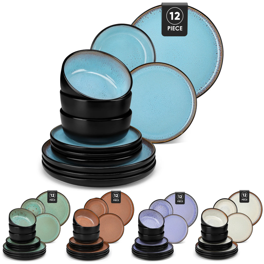 Vancasso AMBER 12/16 Piece Ceramic Dinnerware Set Matte Black Stoneware Plates Set with 4/6 Pcs Dinner Plate/Dessert/Bowl/Soup