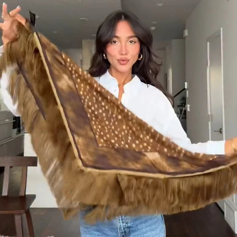 Women Square Scarf Brown Polka Dot Print Fringed Shawl Lightweight Vintage Neck Scarves Fashion Fall Winter Wrap