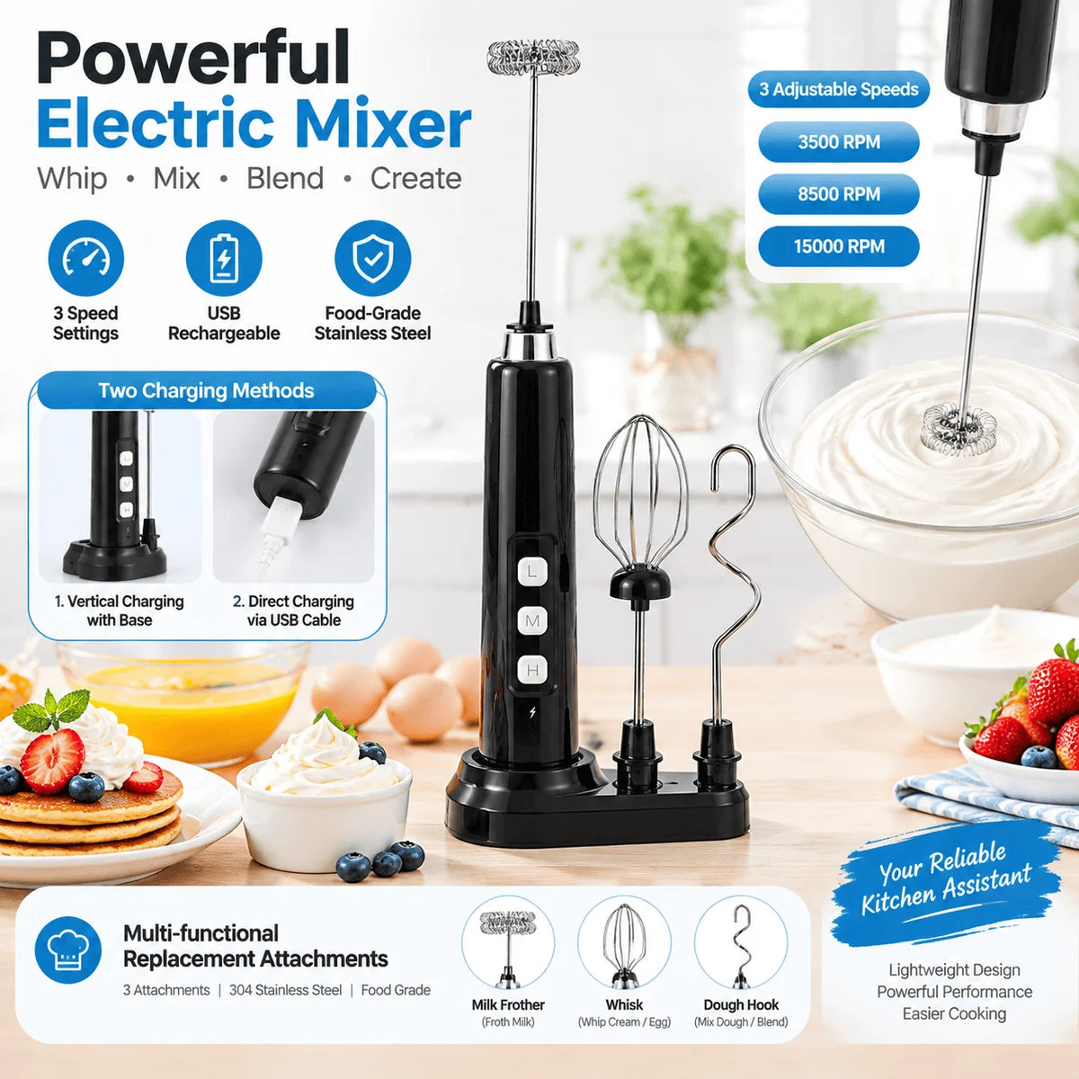 Mini USB Rechargeable Electric Frother Handheld Mixer 3 Speed Milk Whisk with Multiple Attachments for Coffee Cappuccino Latte Matcha Egg White Cream Smoothie Baking Cooking Kitchen Tool Compact Portable Design Easy to Use