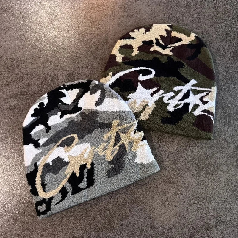 1pc Camouflage Jacquard Knit Beanie Unisex Graffiti Letter Star Pattern Skull Cap Hip‑Hop Street Style Warm Winter Knitted Hat