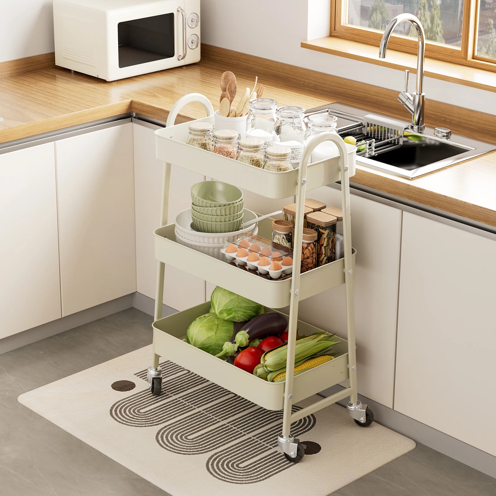 JHK 3 Tier Metal Storage Kitchen Cart with Lockable Wheels Mobile Shelving Unit Utility Rolling Organizer For Home Narrow Places