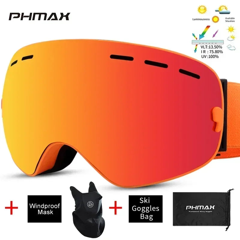 PHMAX Ski/Snowboard Goggles for Men Women, OTG Snow Goggles Anti Fog UV Protection Red Double Layers Lens Wide Vision Winter