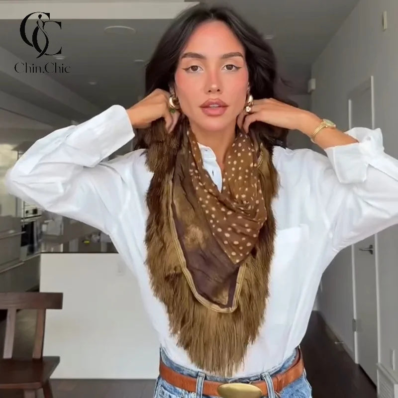 Women Square Scarf Brown Polka Dot Print Fringed Shawl Lightweight Vintage Neck Scarves Fashion Fall Winter Wrap