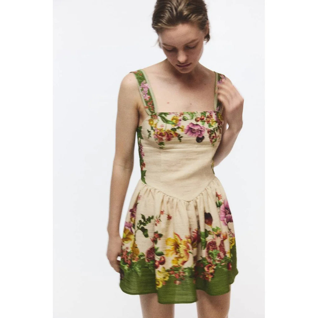Elegant Fashion Floral Print Maxi Dress with Bell Sleeve Hemline Strapless A-Line Skirt Polyester Fabric City Walk Suitable
