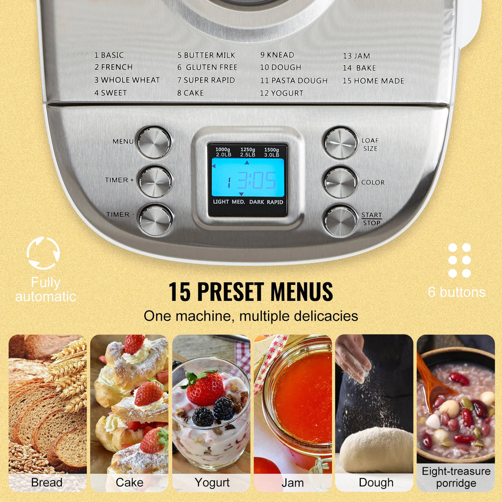 SucceBuy 2/3 LB Bread Maker 15-in-1 Dough Machine Nonstick Ceramic Pan Automatic Bread maker with Gluten Free Setting