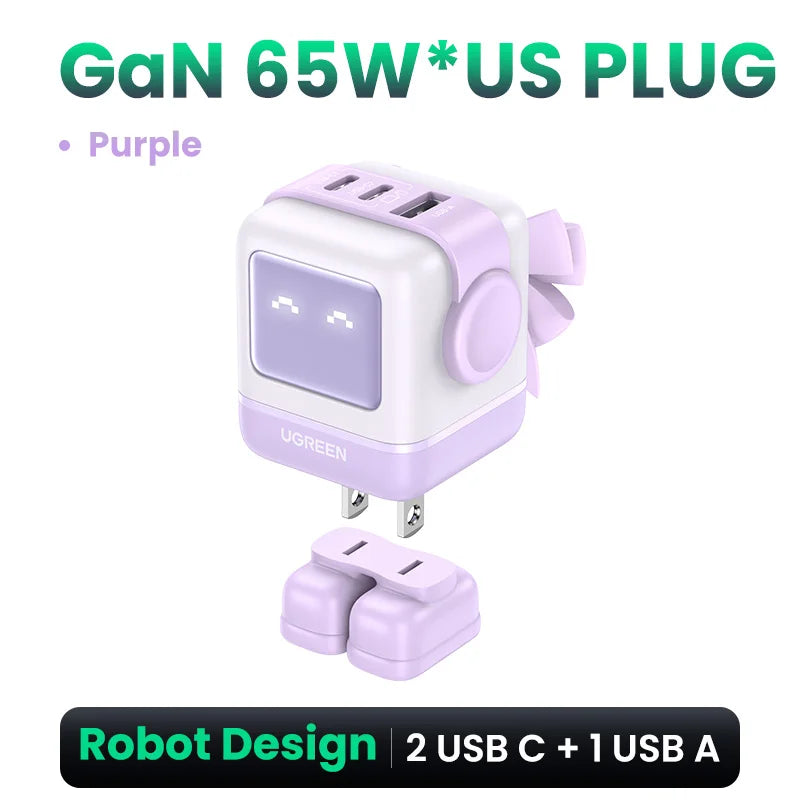 【US Plug】UGREEN 65W 30W GaN Charger Robot Design PD3.0 Fast Charger QC4.0 3.0 PPS for iPhone 18 17 16 Pro Macbook Laptop Table