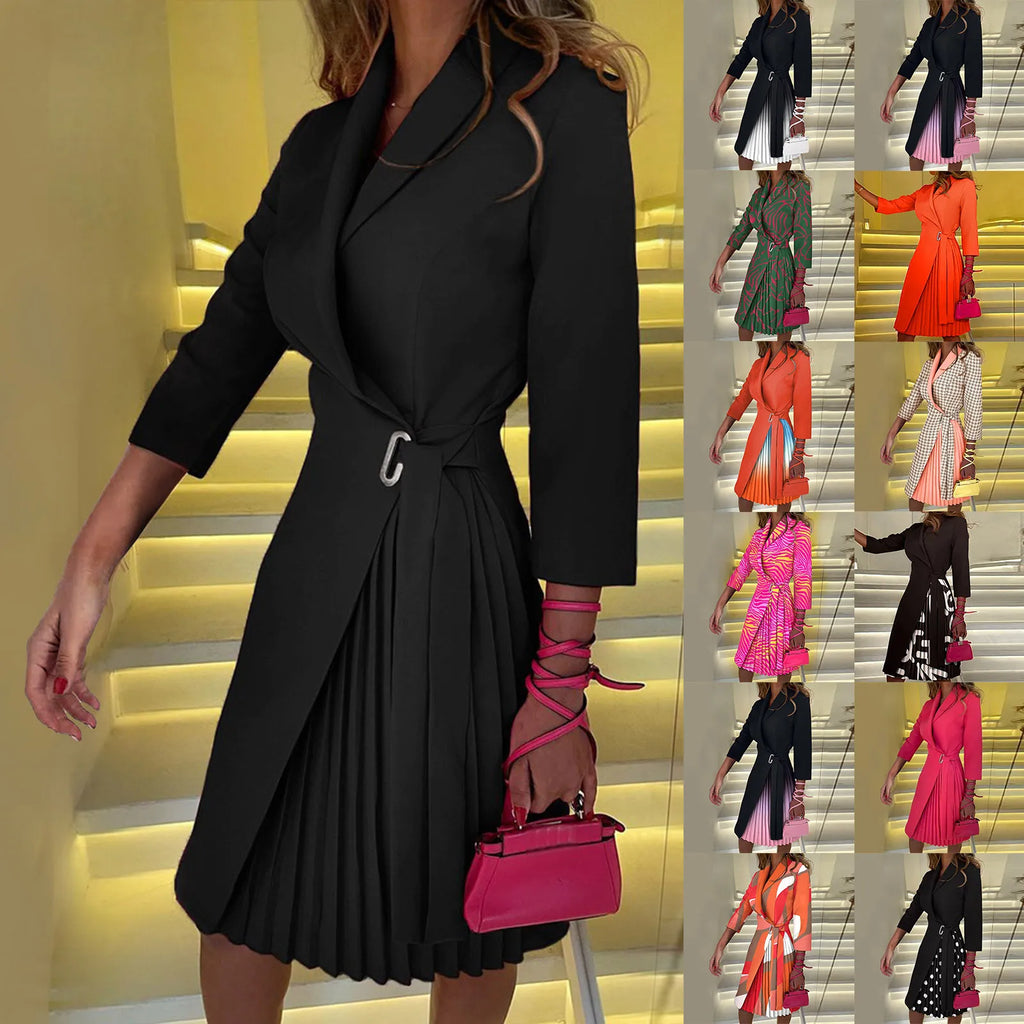 Autumn Fashion Women Patchwork Pleated Blazer Dress Elegant 3/4 Sleeve Lapel Lace-Up Dress Elegant Office Lady Slim Party Dress