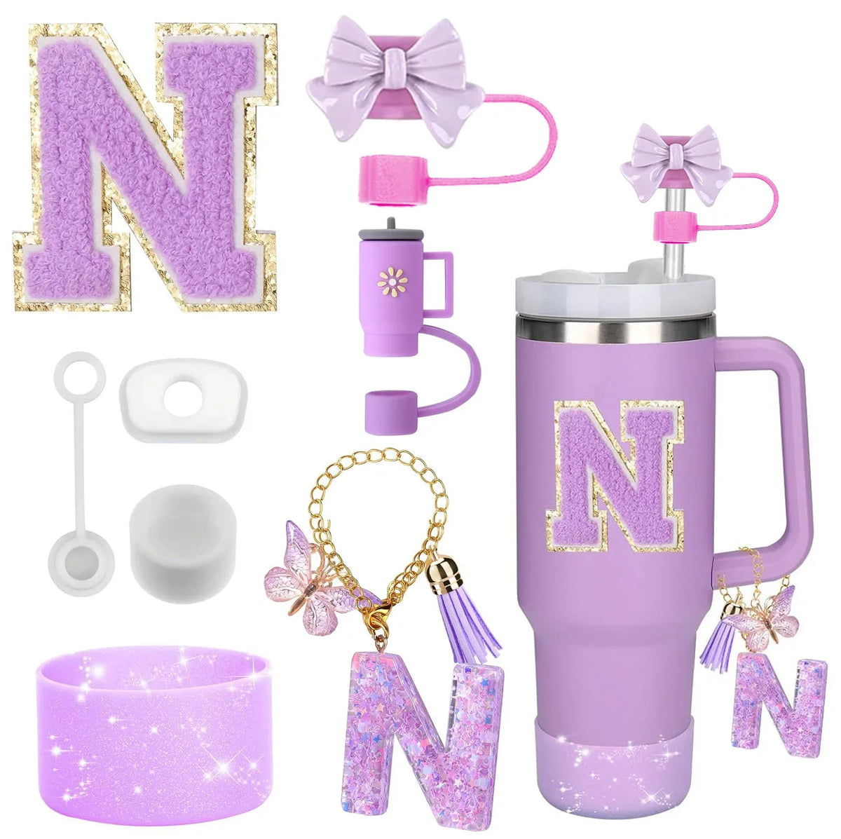8PCS Accessories Set for Stanley Cup Purple 30oz 40oz tumbler Silicone Straw Topper Cover Cap Boot Handle Charm Initials Sticker