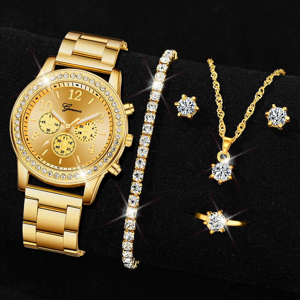Newest 5 PCS Set Gold Watch Women Luxury Ring Necklace Earrings Rhinestone Fashion Wristwatch Female Casual Watches Bracelet Set