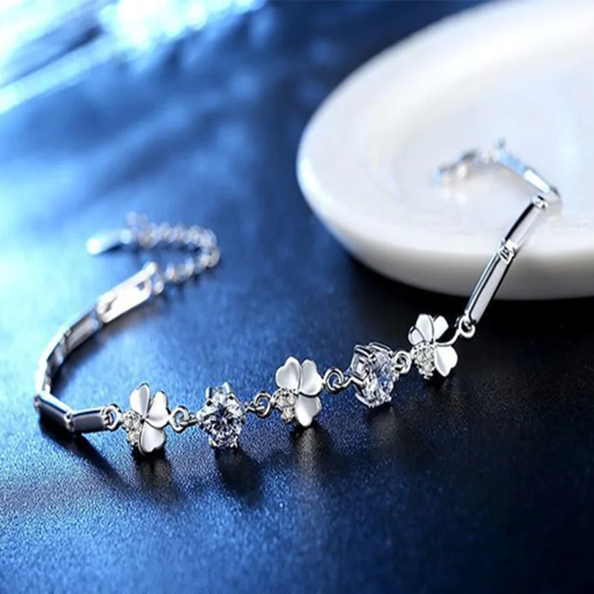 925 Sterling Silver Zircon Lucky Clover Shaped Bracelet Crystals Chain For Women Valentines Gift Wedding Party Cute Jewelry 20cm