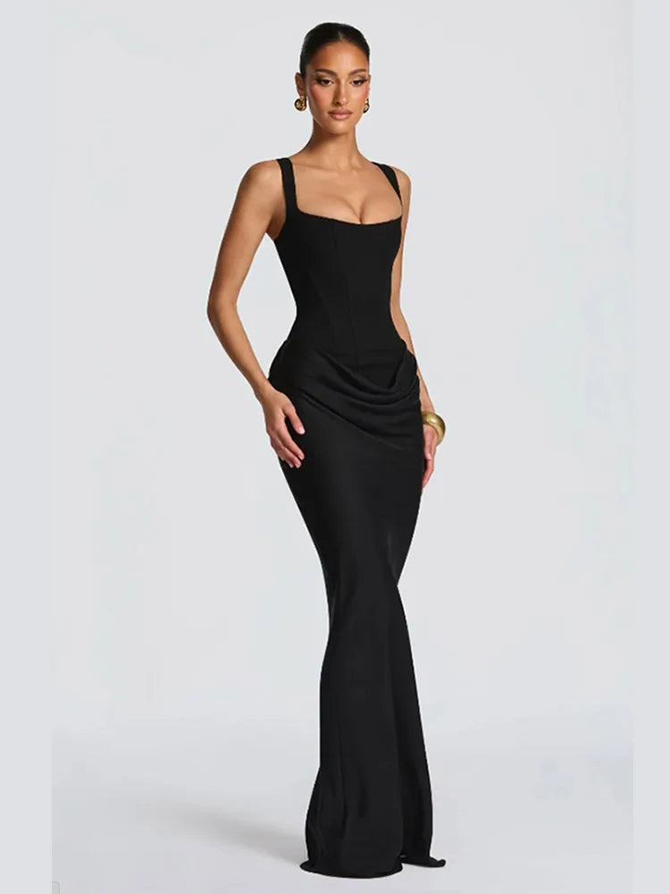Elegant Yellow Strapless Pleated Long Dress Women Chic Solid Sleeveless Waist Cinching Split Gown 2026 Lady Evening Party Robes