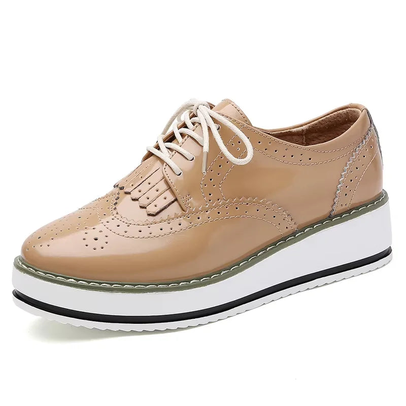 EOFK Spring Autumn Women Derby Platform Flats Brogue Leather Lace up Classic Bullock Footwear Gold Female Oxford Shoes Lady
