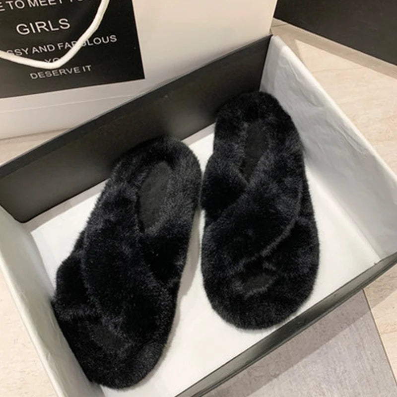 Women Furry Fur Slippers Soft Faux Fur Slides Ladies Plush House Slippers Cross Strap Open Toe Flat Sandals Fluffy Warm Shoes
