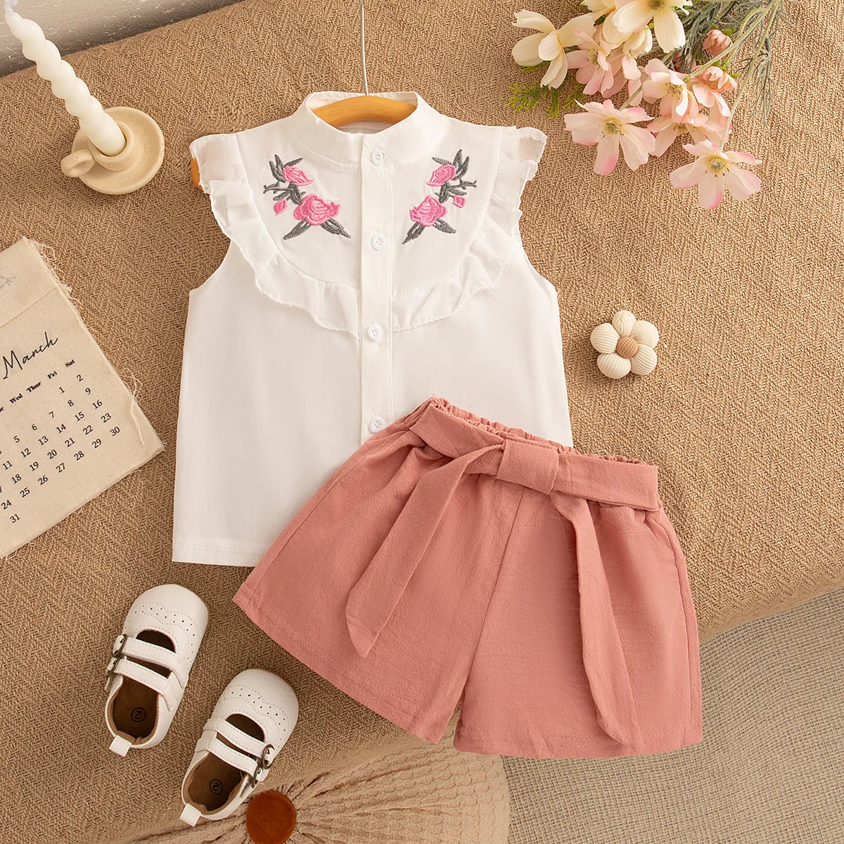 2Pc/Set Baby Set Summer Cotton Flower Embroidery Sleeveless Top Solid Color Shorts Baby Outfit Set Cartoon Beach Girl Clothing