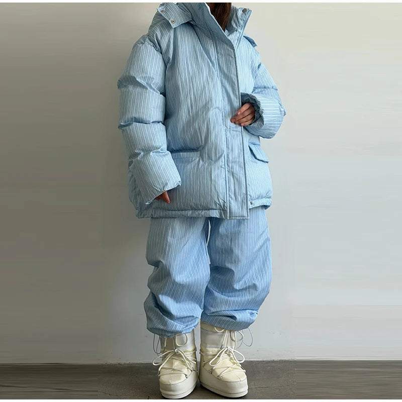 Women Winter Two‑Piece  Leopard Print Hooded Puffer Jacket Outfit Loose Cuffed Jogger Pants Warm Casual Streetwear Matching Set