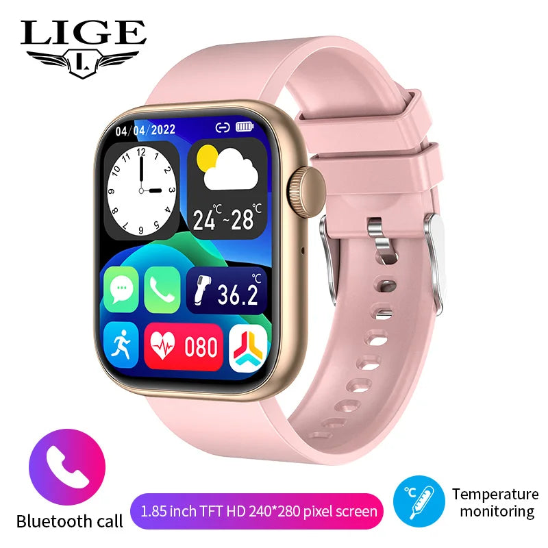 LIGE New Women Smart Watch 1.85 Full Touch Bluetooth Call Smart Wristwatch Body Temperature Watch Sports Bracelet Men Smartwatch