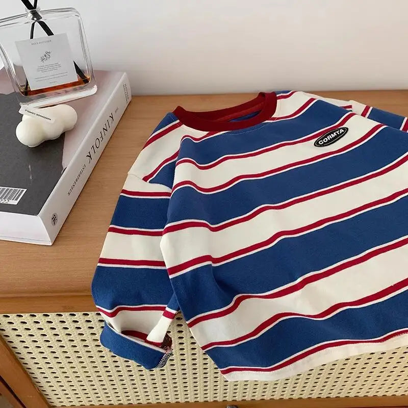 Stylish Boys' Striped Sweatshirt  Comfortable Long Sleeve Top for Spring & Autumn Casual Base Layer Shirt