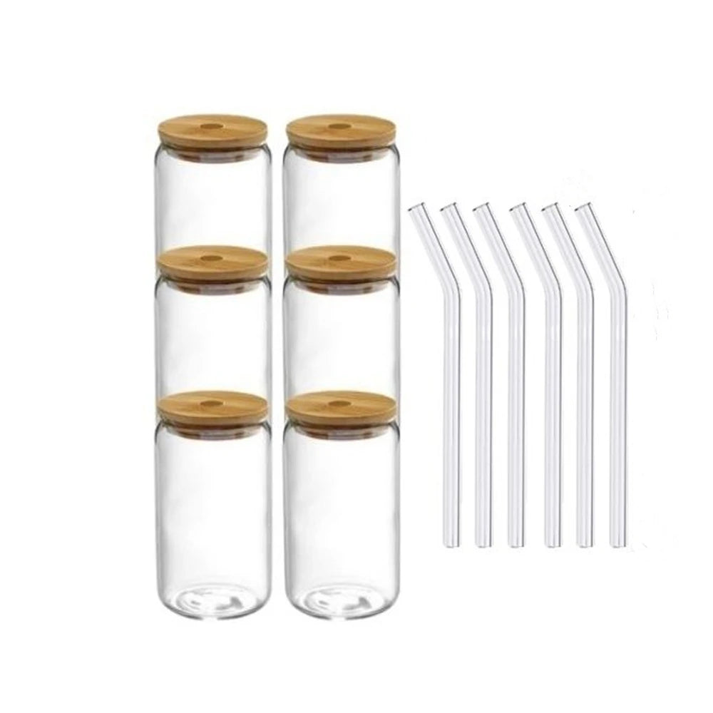 1/2/4/6pcs Can-Shaped Glass Cup with Lid & Straw 350ml/550ml Transparent Bubble Tea, Juice & Beer Mug for Cold Beverages Party