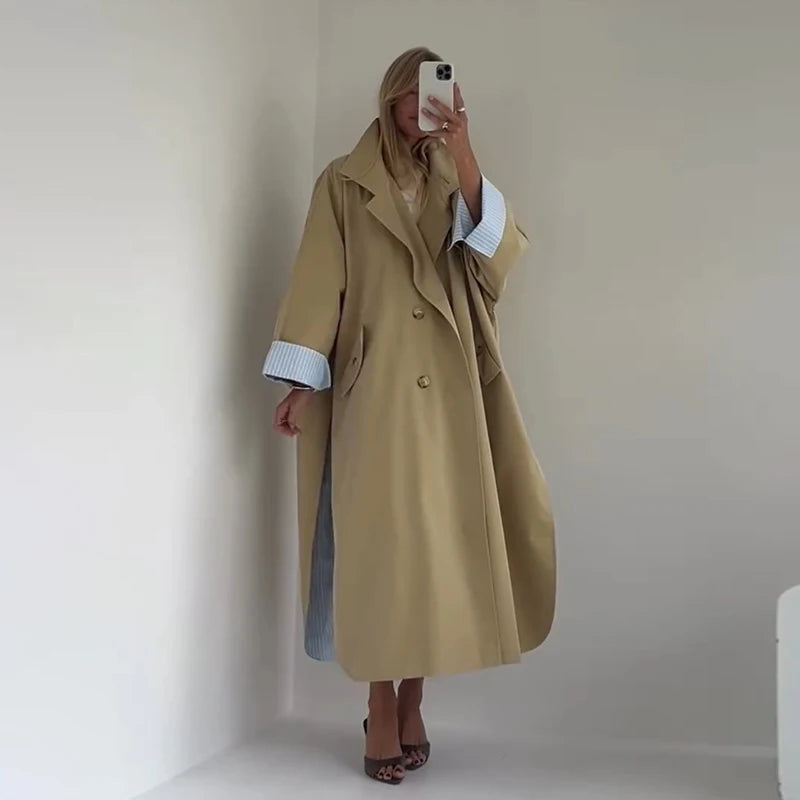 Elegant Khaki Women's Trench Coat Autumn High Neck Full Sleeve Loose Split Long Windbreaker Lady New Casual Chic Jacket 2026