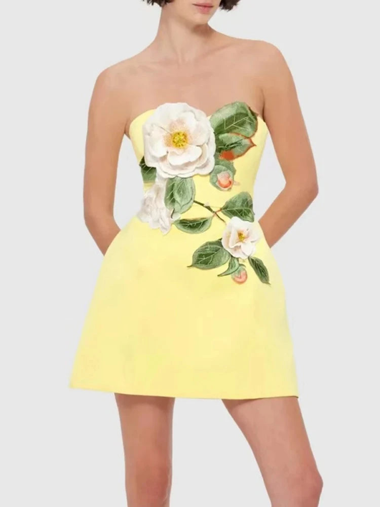 Sexy Strapless Embroidered Flower Mini Dress Women Yellow Sleeveless Backless Floral A-line Dresses Evening Party Cocktail Gowns