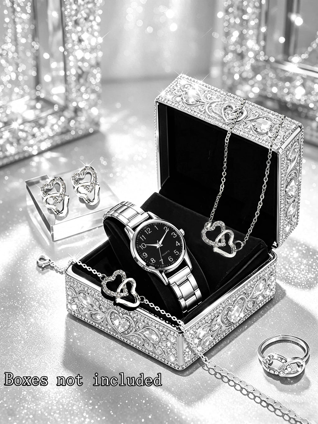 Ladies Casual Fashion Quartz Watch and Heart Jewelry Set with Steel Strap Birthday Gift Without Box