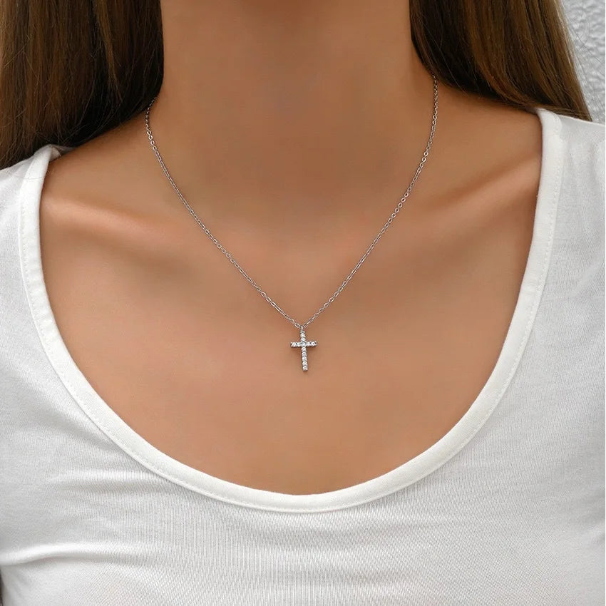 Fashion Crystal Cross Pendant Chain Choker Necklace Women's Trendy Retro Charm Jewelry Wholesale