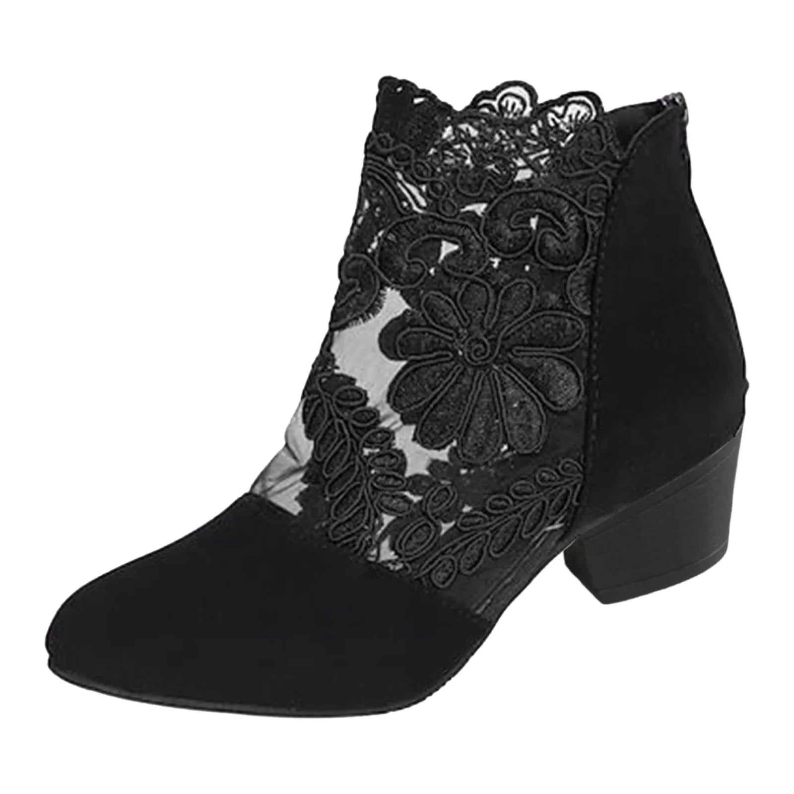 Women's Sandals Embroidery Fish Mouth Shoes Mid-Heel Large Size Women's Shoes Breathable Women's Shoes Lace Mesh High Heels