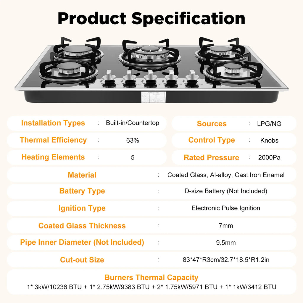 5 Burners Built-in Gas Stove, Dual Fuel NG/LPG Convertible Gas Hob, Oversized Cooking Surface 30.31*20.08” for Home Kitchens, Restaurants